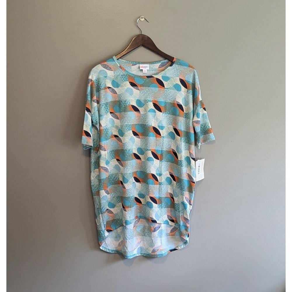 NWT LuLaRoe Irma Tunic Top Womens XS Short Sleeve Hi-Low Teal Aqua Orange Print